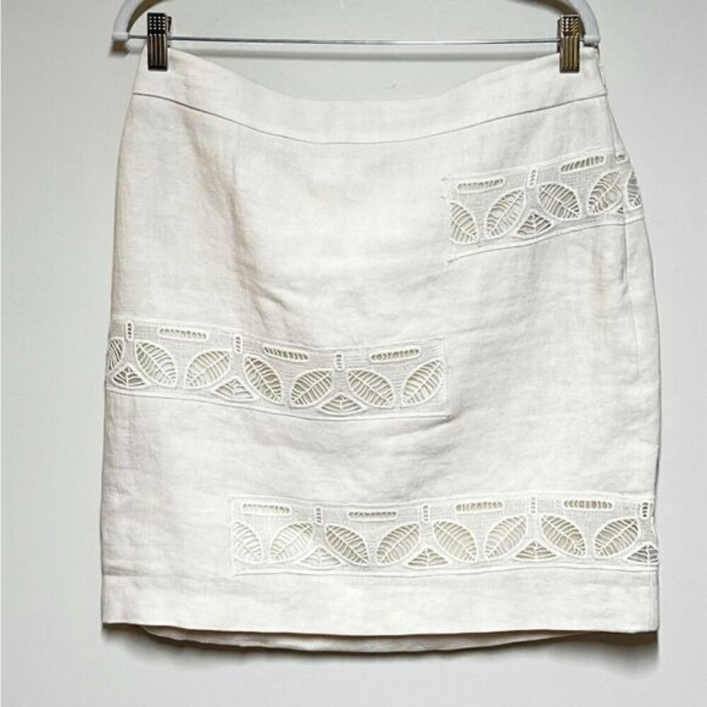 Moulinette Soeurs by Anthropologie Ivory embroidered Leaf linen skirt size 8